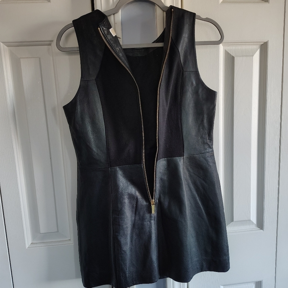 Michael Kors Faux Leather Black Mini Dress w Gold Zippers 8 - Picture 6 of 9